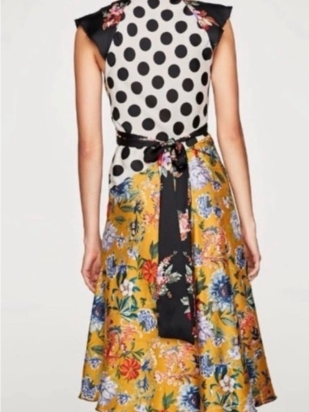 Zara  Polka Dot Patchwork Ruffle V-Neck Short Sleeve Mid Length Dress SZ XS - Picture 3 of 5